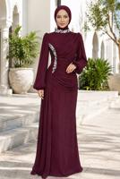 Tesettür giyim BORDO DRAPE DETAYLI ABİYE ELBİSE T 9663