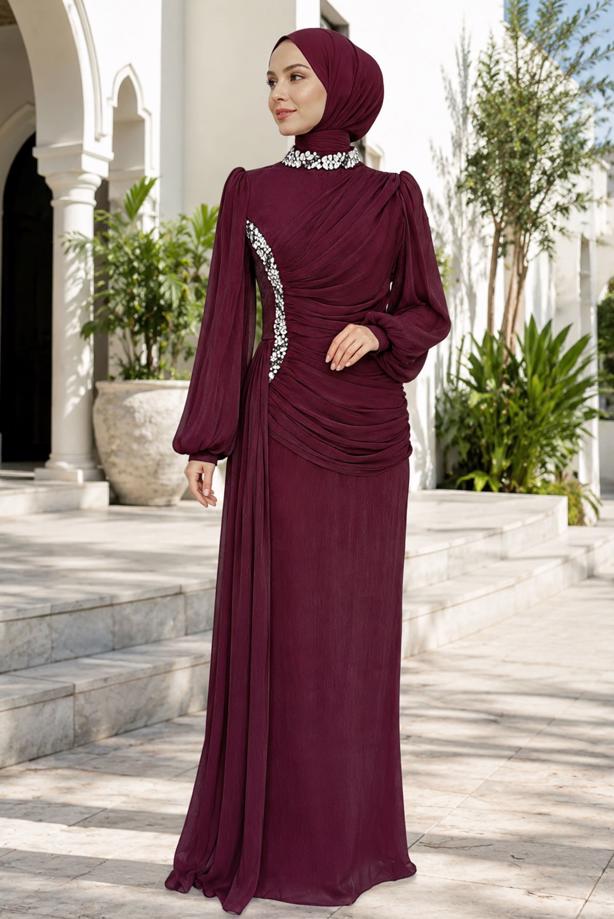 Tesettür giyim BORDO DRAPE DETAYLI ABİYE ELBİSE T 9663 - TRENDTESETTÜR