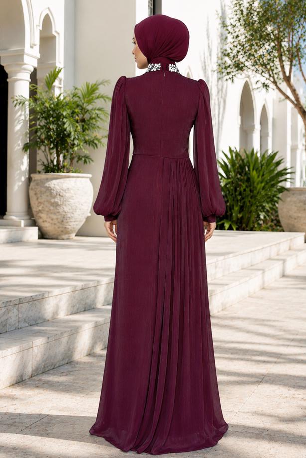 Tesettür giyim BORDO DRAPE DETAYLI ABİYE ELBİSE T 9663 - TRENDTESETTÜR
