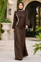 Tesettür giyim KAHVE DRAPE DETAYLI ABİYE ELBİSE T 9663