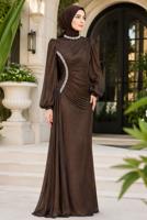 Tesettür giyim KAHVE DRAPE DETAYLI ABİYE ELBİSE T 9663