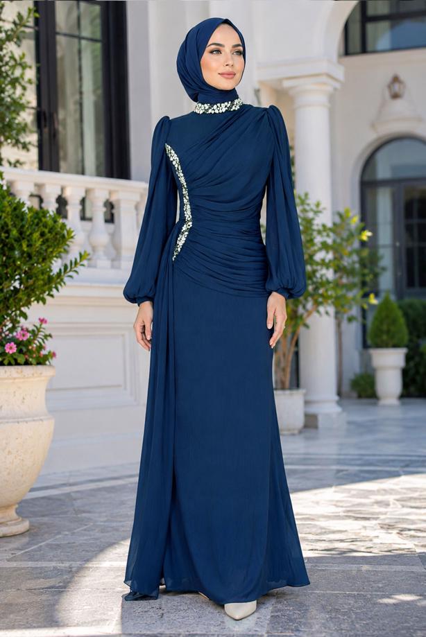 Tesettür giyim LACİVERT DRAPE DETAYLI ABİYE ELBİSE T 9663 - TRENDTESETTÜR