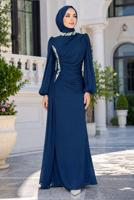 Tesettür giyim LACİVERT DRAPE DETAYLI ABİYE ELBİSE T 9663