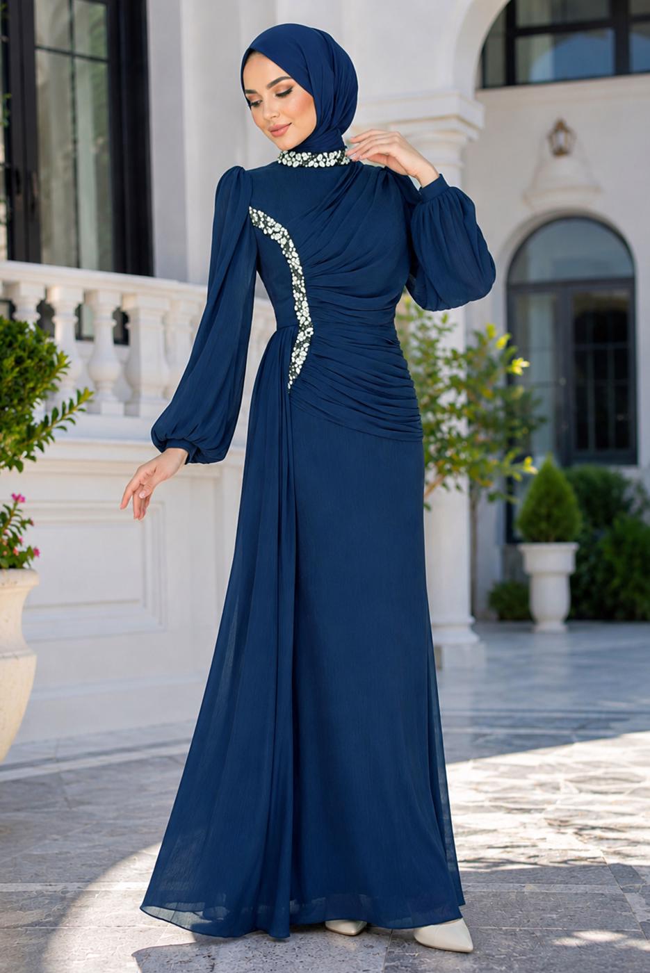 Tesettür giyim LACİVERT DRAPE DETAYLI ABİYE ELBİSE T 9663