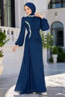 Tesettür giyim LACİVERT DRAPE DETAYLI ABİYE ELBİSE T 9663