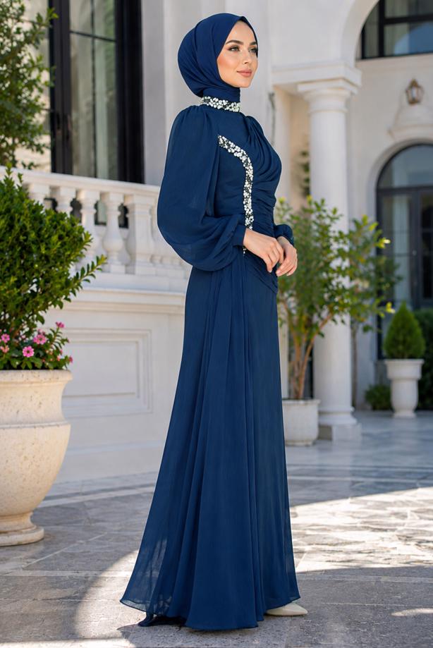 Tesettür giyim LACİVERT DRAPE DETAYLI ABİYE ELBİSE T 9663 - TRENDTESETTÜR