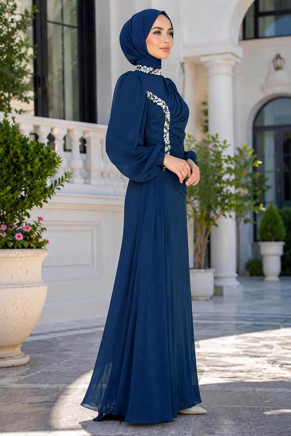 Tesettür giyim LACİVERT DRAPE DETAYLI ABİYE ELBİSE T 9663