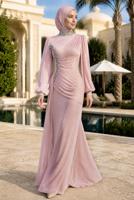 Tesettür giyim PUDRA DRAPE DETAYLI ABİYE ELBİSE T 9663