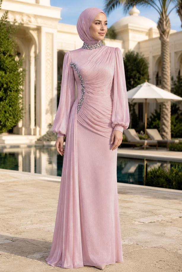 Tesettür giyim PUDRA DRAPE DETAYLI ABİYE ELBİSE T 9663 - TRENDTESETTÜR