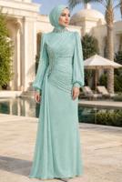 Tesettür giyim YEŞİL DRAPE DETAYLI ABİYE ELBİSE T 9663