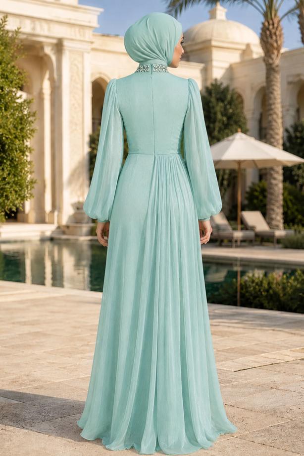 Tesettür giyim YEŞİL DRAPE DETAYLI ABİYE ELBİSE T 9663 - TRENDTESETTÜR