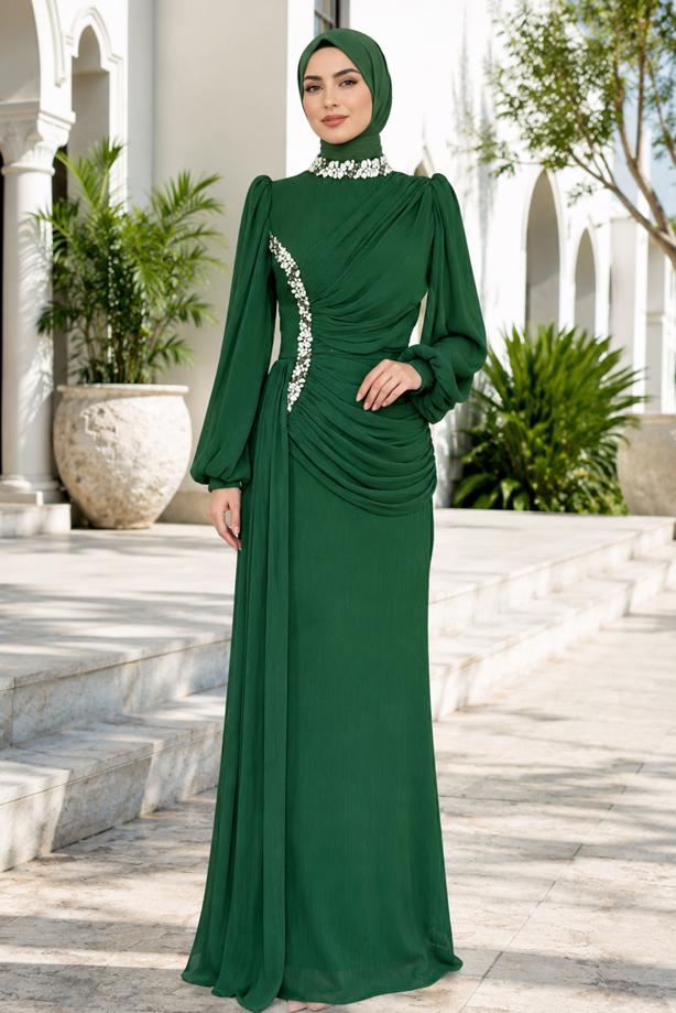 Tesettür giyim YEŞİL DRAPE DETAYLI ABİYE ELBİSE T 9663 - TRENDTESETTÜR