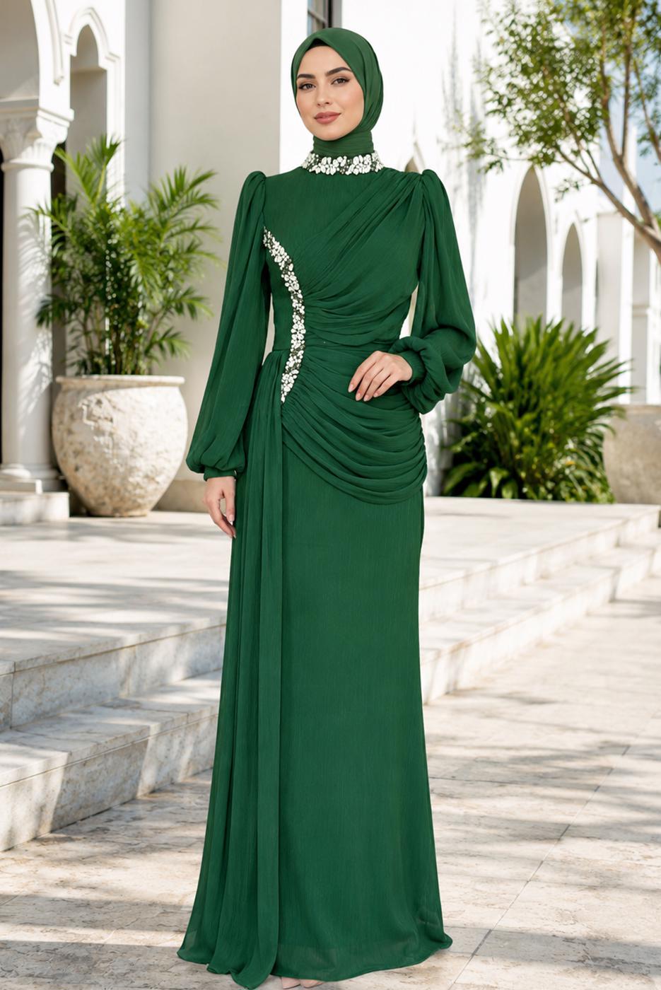 Tesettür giyim YEŞİL DRAPE DETAYLI ABİYE ELBİSE T 9663