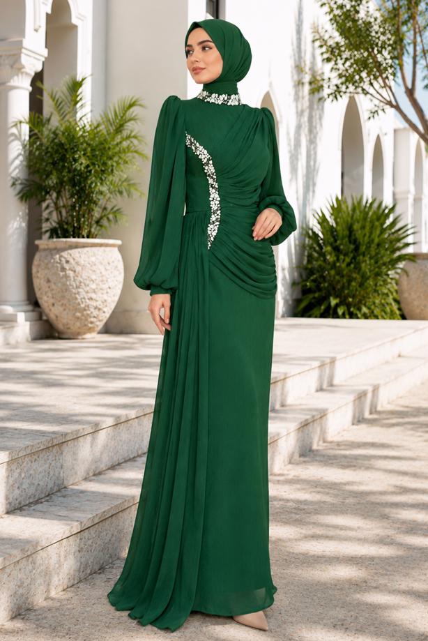 Tesettür giyim YEŞİL DRAPE DETAYLI ABİYE ELBİSE T 9663 - TRENDTESETTÜR