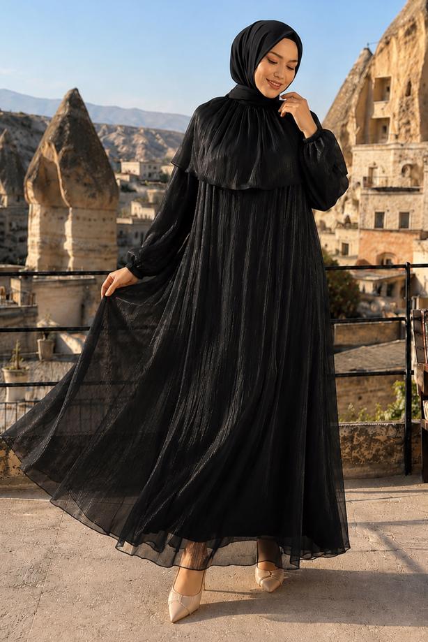 Vêtements hijab NOIR ROBE DE SOIRÉE DÉTAIL CAPE T 9764 - TRENDTESETTÜR