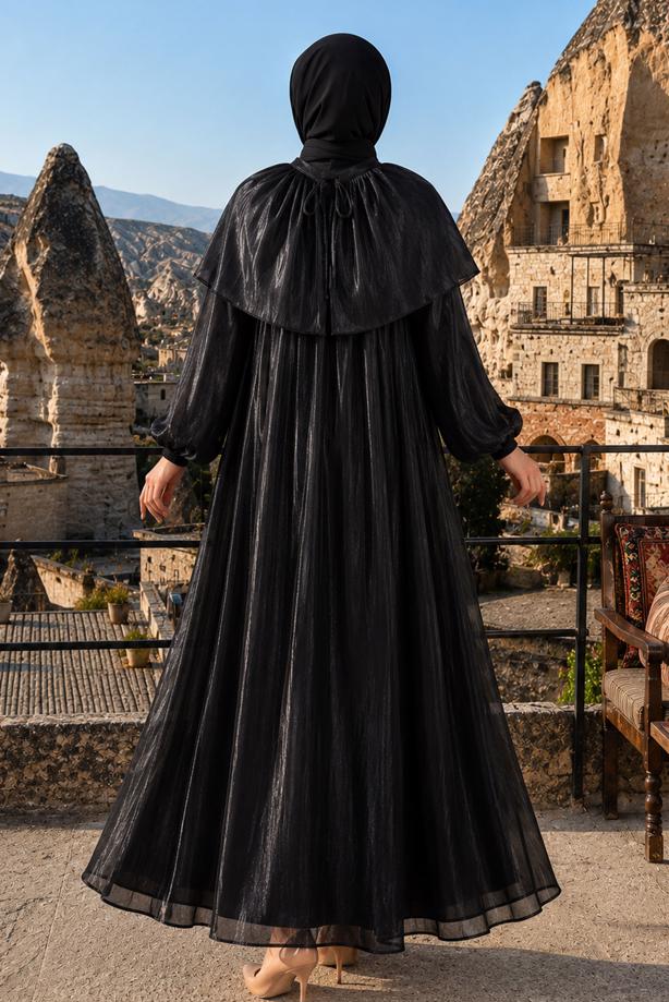 Vêtements hijab NOIR ROBE DE SOIRÉE DÉTAIL CAPE T 9764 - TRENDTESETTÜR