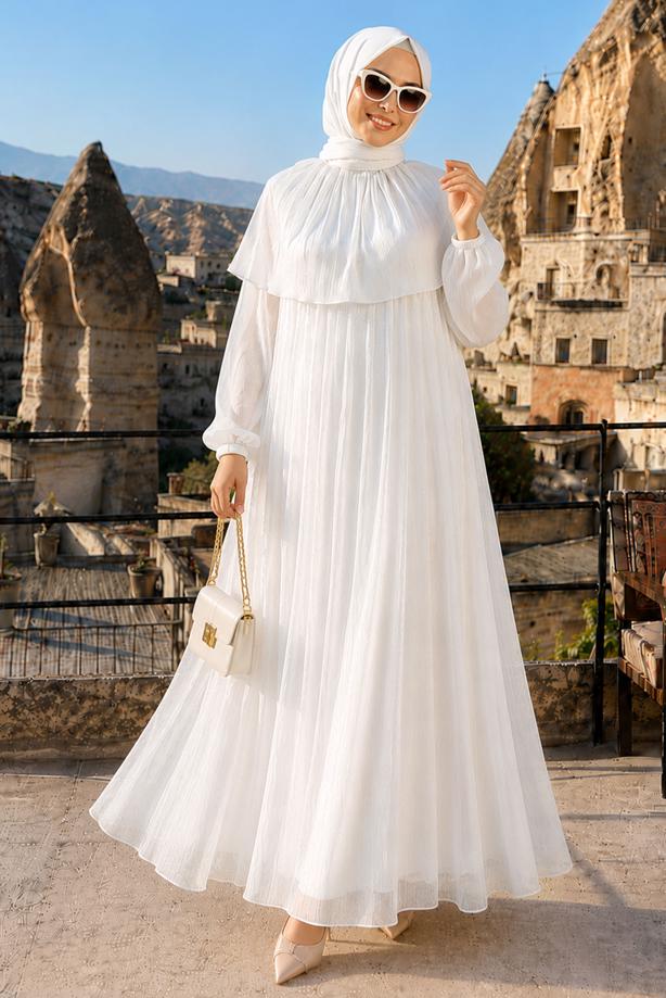 Vêtements hijab BLANC ROBE DE SOIRÉE DÉTAIL CAPE T 9764 - TRENDTESETTÜR