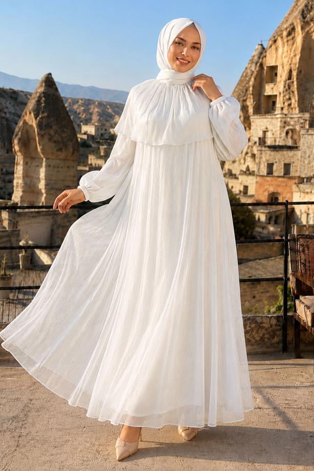 Vêtements hijab BLANC ROBE DE SOIRÉE DÉTAIL CAPE T 9764 - TRENDTESETTÜR