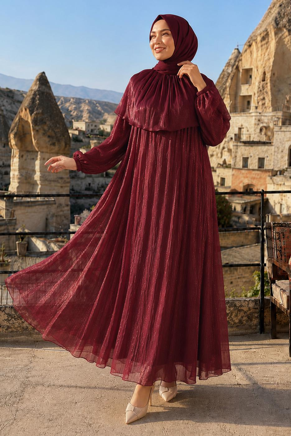 Vêtements hijab ROUGE BORDEAUX ROBE DE SOIRÉE DÉTAIL CAPE T 9764