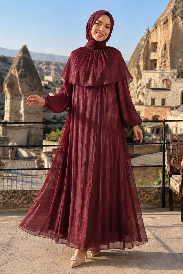 Vêtements hijab ROUGE BORDEAUX ROBE DE SOIRÉE DÉTAIL CAPE T 9764 - TRENDTESETTÜR