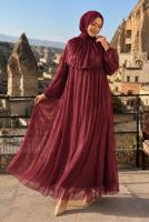 Vêtements hijab ROUGE BORDEAUX ROBE DE SOIRÉE DÉTAIL CAPE T 9764