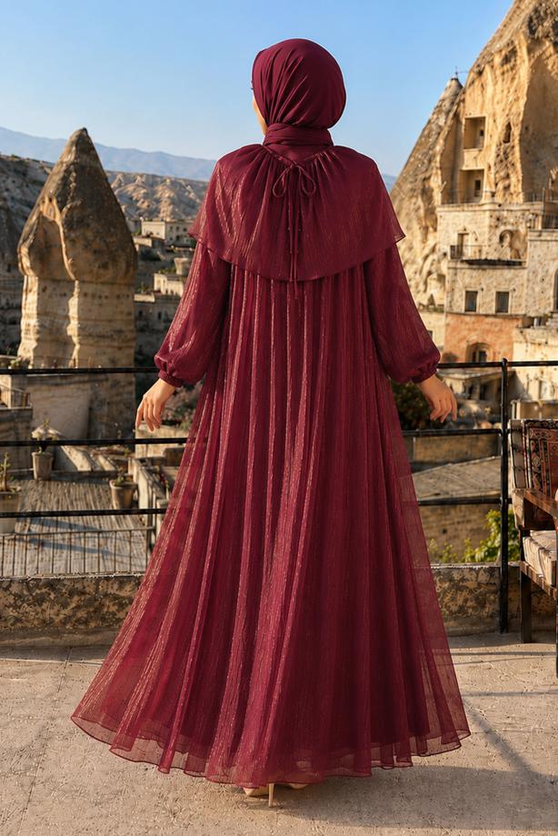 Vêtements hijab ROUGE BORDEAUX ROBE DE SOIRÉE DÉTAIL CAPE T 9764 - TRENDTESETTÜR