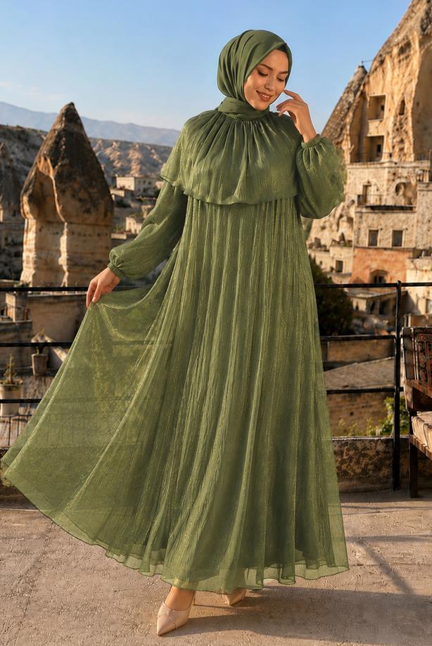 Vêtements hijab KAKI ROBE DE SOIRÉE DÉTAIL CAPE T 9764 - TRENDTESETTÜR