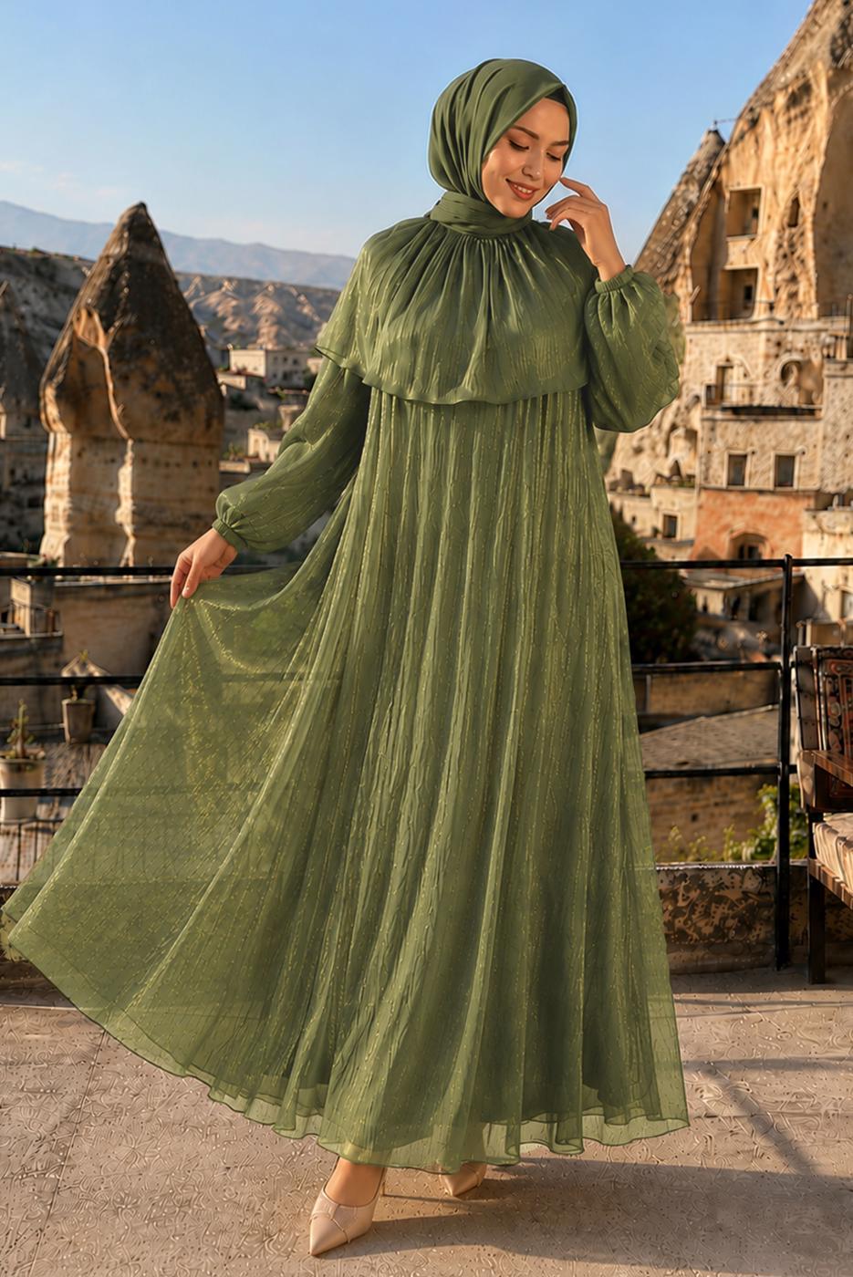 Vêtements hijab KAKI ROBE DE SOIRÉE DÉTAIL CAPE T 9764
