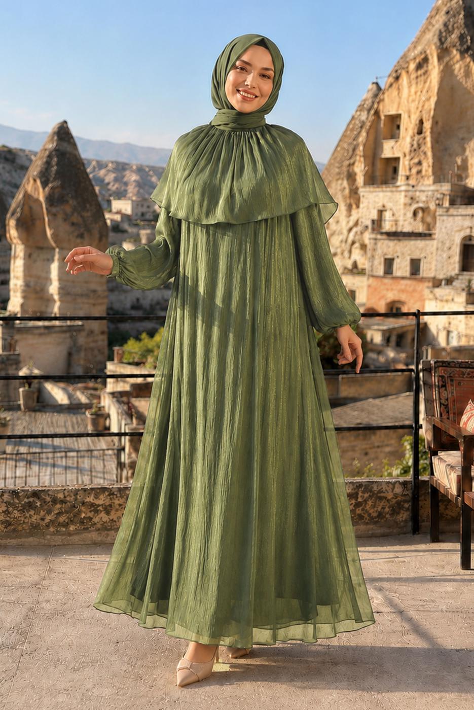 Vêtements hijab KAKI ROBE DE SOIRÉE DÉTAIL CAPE T 9764
