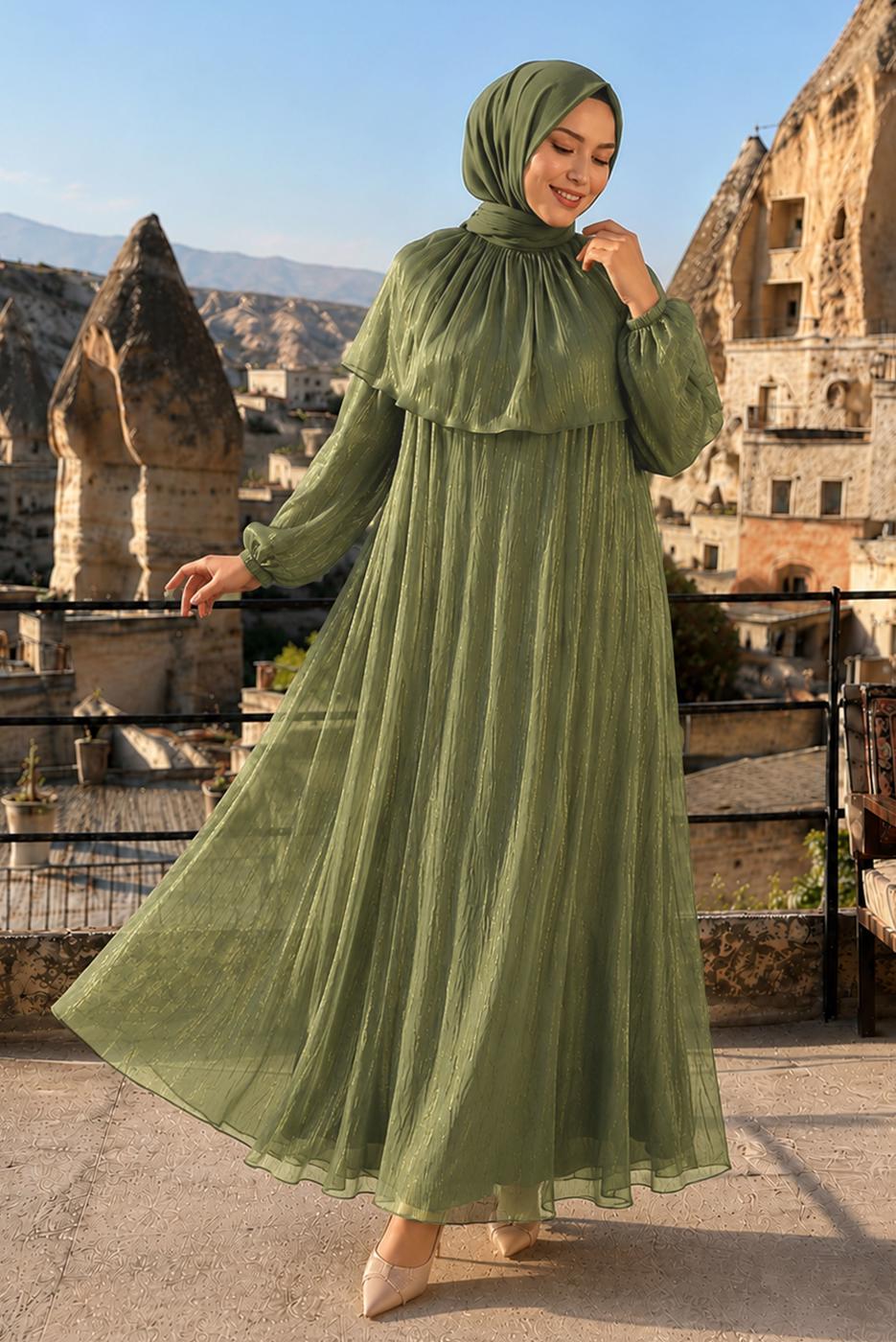 Vêtements hijab KAKI ROBE DE SOIRÉE DÉTAIL CAPE T 9764