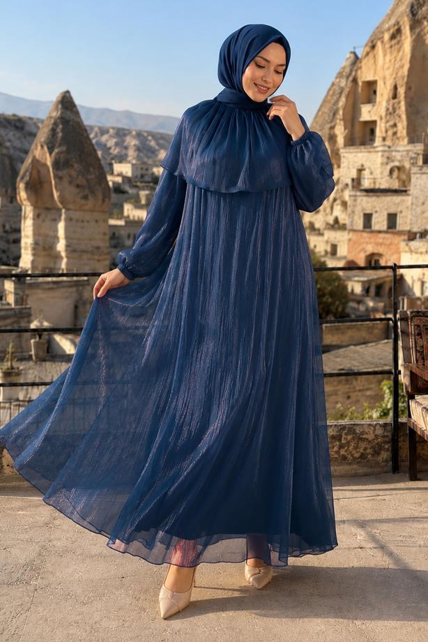 Vêtements hijab BLEU MARINE ROBE DE SOIRÉE DÉTAIL CAPE T 9764 - TRENDTESETTÜR