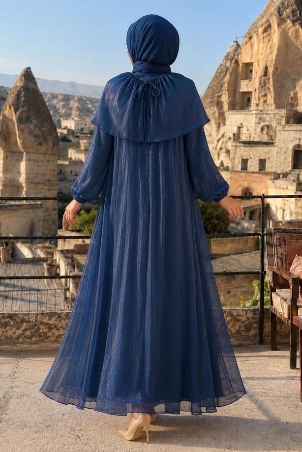 Vêtements hijab BLEU MARINE ROBE DE SOIRÉE DÉTAIL CAPE T 9764 - TRENDTESETTÜR