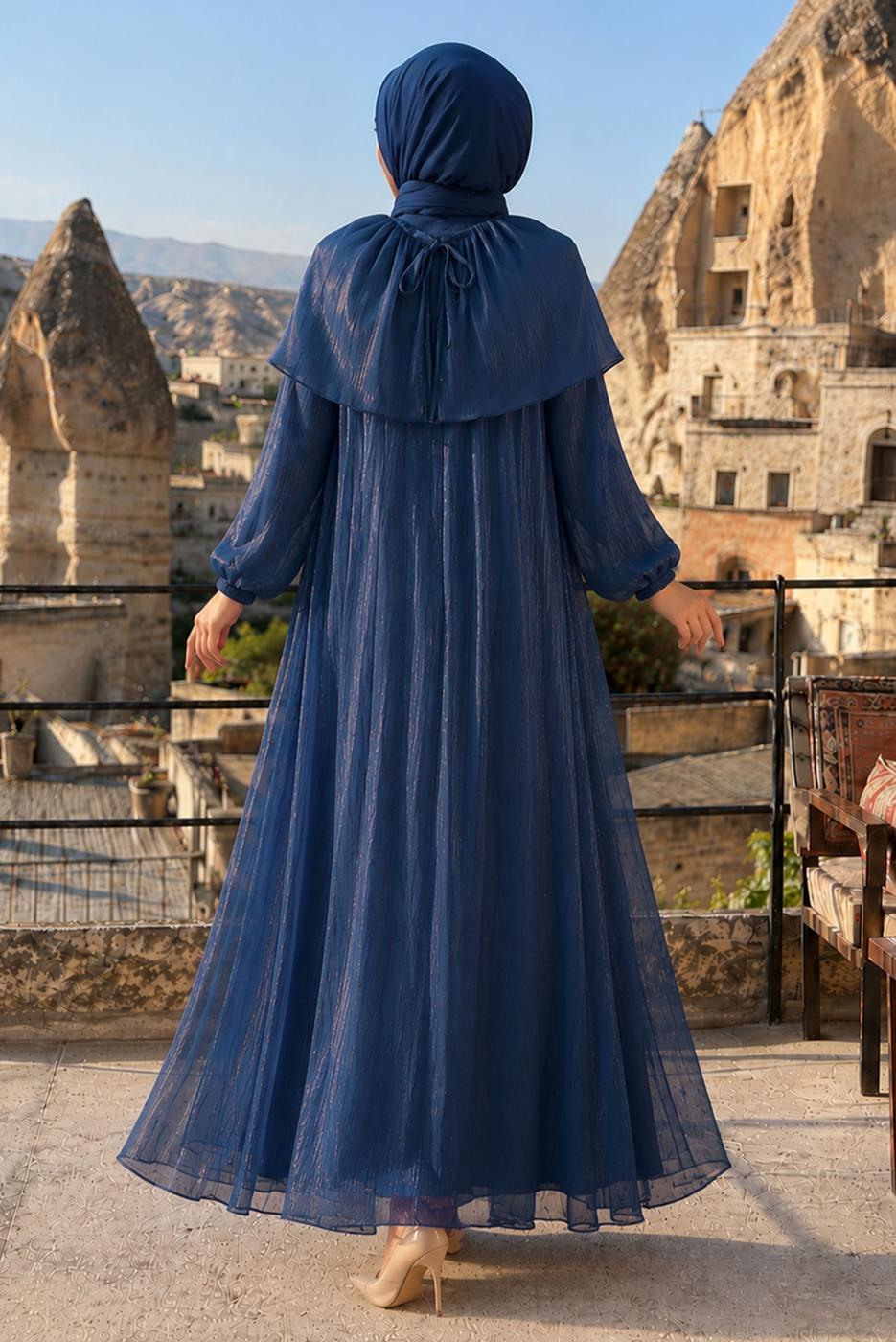 Vêtements hijab BLEU MARINE ROBE DE SOIRÉE DÉTAIL CAPE T 9764