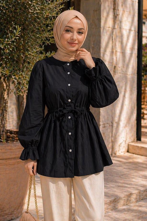 Hijab clothing BLACK SMOCKED WAIST BLOUSE T 2601 - TRENDTESETTÜR