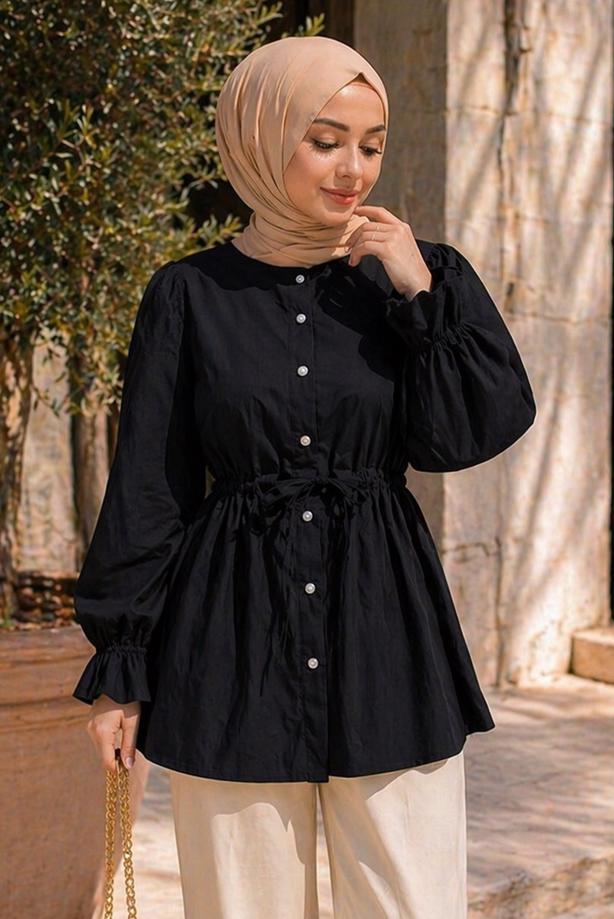 Hijab clothing BLACK SMOCKED WAIST BLOUSE T 2601 - TRENDTESETTÜR
