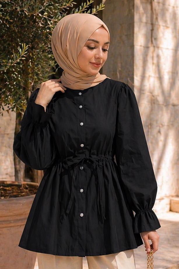Hijab clothing BLACK SMOCKED WAIST BLOUSE T 2601 - TRENDTESETTÜR