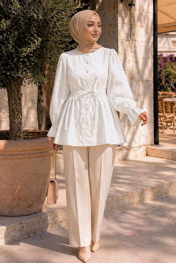 Hijab clothing WHITE SMOCKED WAIST BLOUSE T 2601 - TRENDTESETTÜR