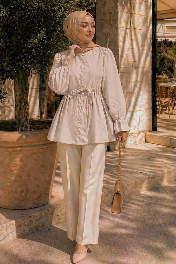 Hijab clothing BEIGE SMOCKED WAIST BLOUSE T 2601 - TRENDTESETTÜR