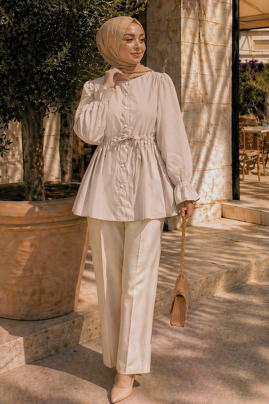 Hijab clothing BEIGE SMOCKED WAIST BLOUSE T 2601