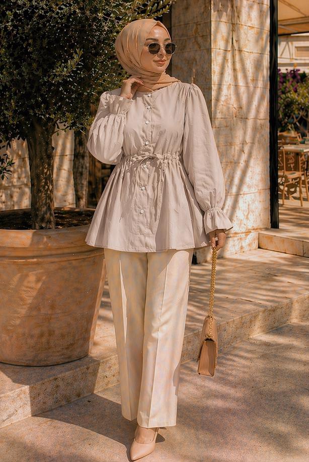 Hijab clothing BEIGE SMOCKED WAIST BLOUSE T 2601 - TRENDTESETTÜR