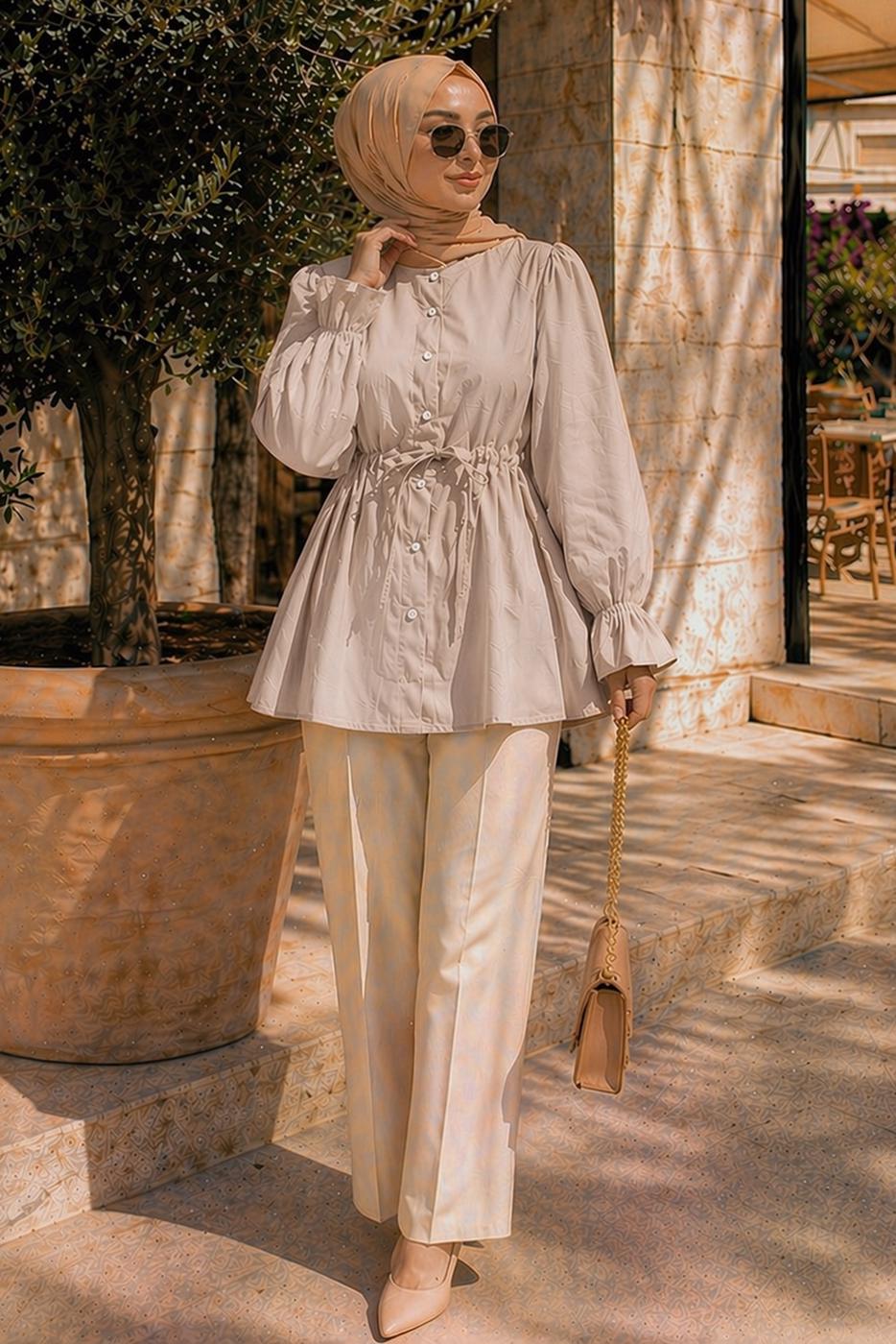 Hijab clothing BEIGE SMOCKED WAIST BLOUSE T 2601