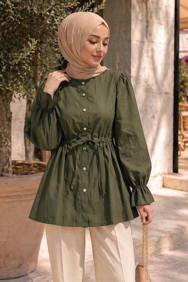 Hijab clothing KHAKI SMOCKED WAIST BLOUSE T 2601 - TRENDTESETTÜR