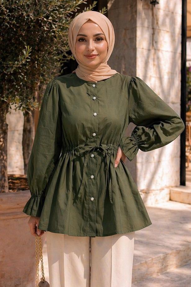 Hijab clothing KHAKI SMOCKED WAIST BLOUSE T 2601 - TRENDTESETTÜR