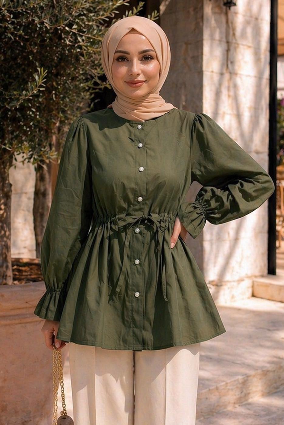 Hijab clothing KHAKI SMOCKED WAIST BLOUSE T 2601