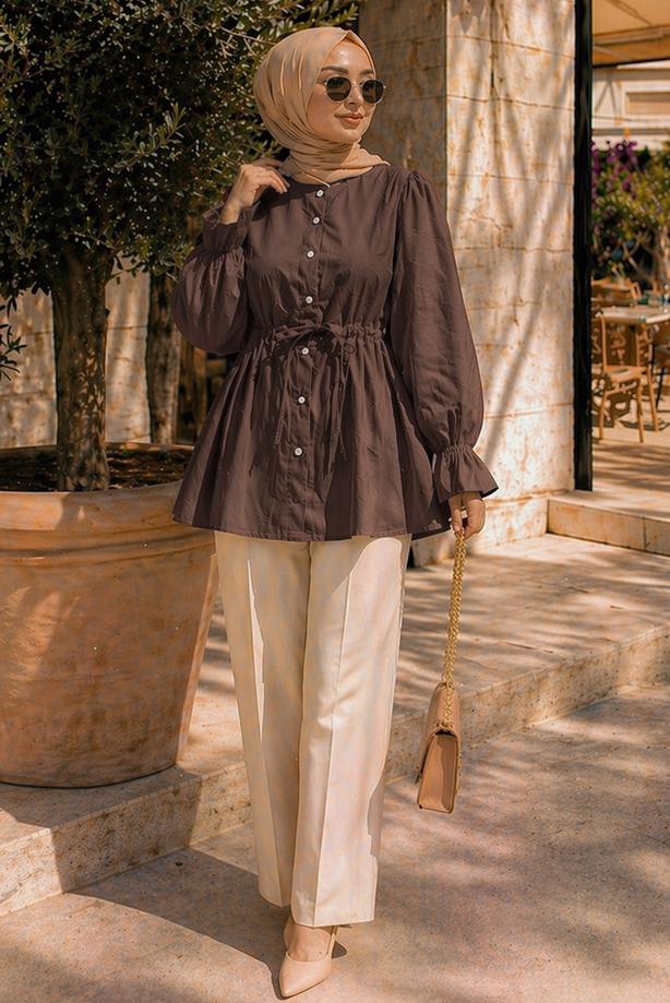 Hijab clothing BROWN SMOCKED WAIST BLOUSE T 2601 - TRENDTESETTÜR