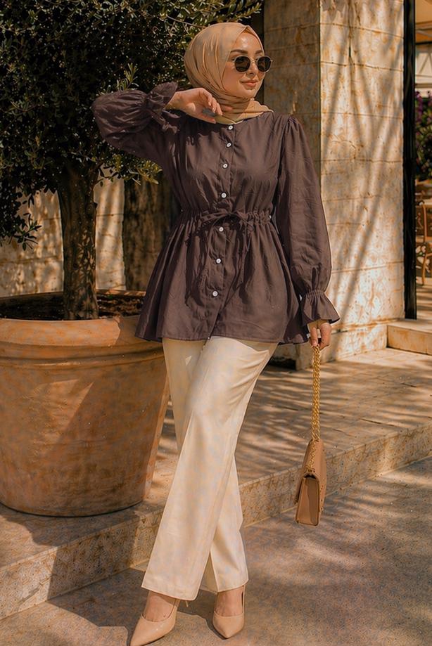Hijab clothing BROWN SMOCKED WAIST BLOUSE T 2601 - TRENDTESETTÜR