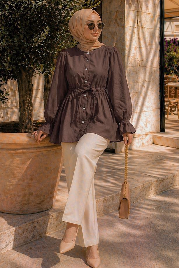 Hijab clothing BROWN SMOCKED WAIST BLOUSE T 2601 - TRENDTESETTÜR