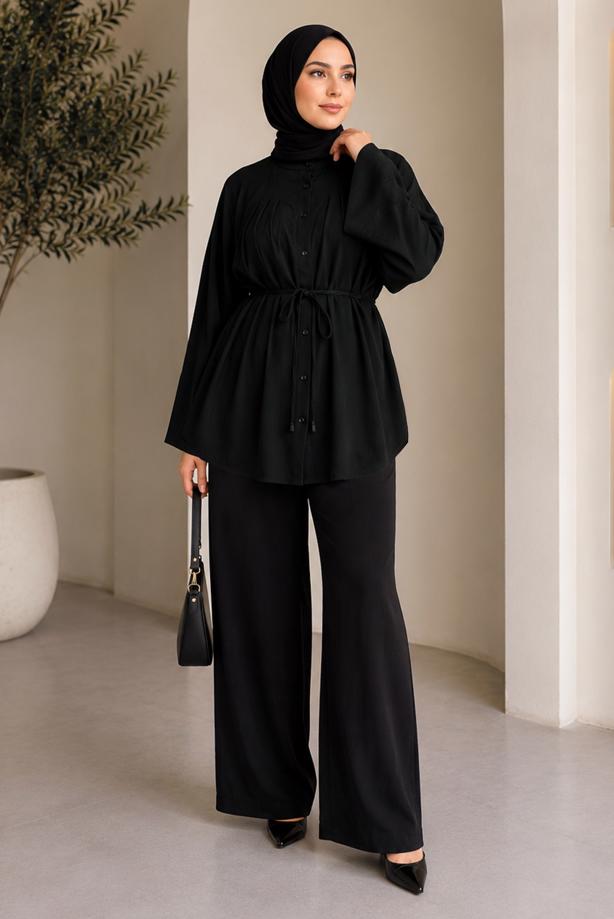 Hijab clothing  BELTED MANDARIN COLLAR BLOUSE T 2833 - TRENDTESETTÜR
