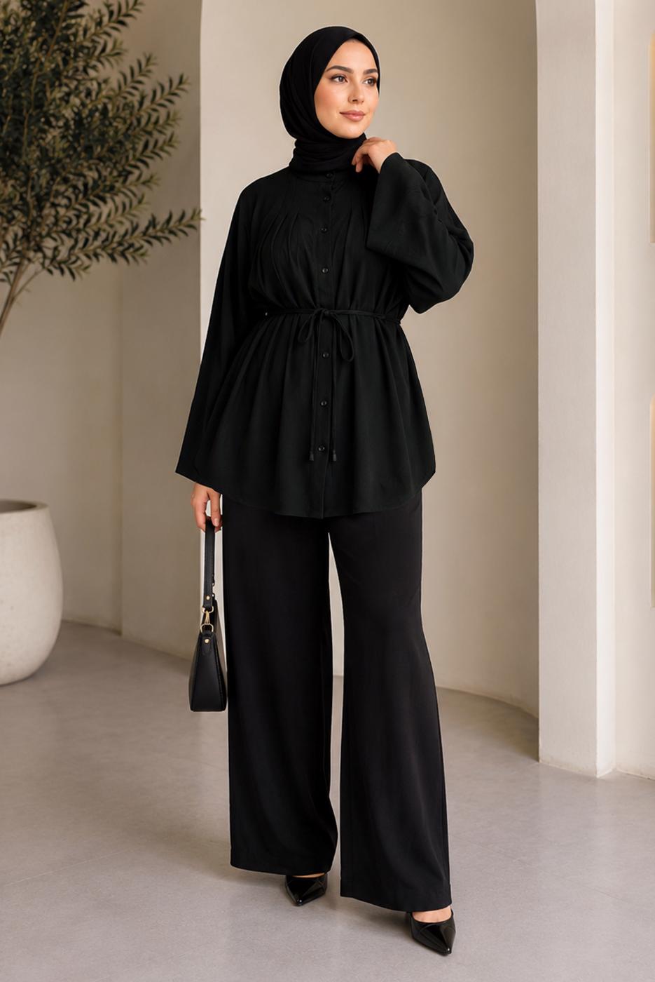 Hijab clothing BLACK BELTED MANDARIN COLLAR BLOUSE T 2833