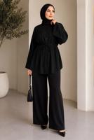 Hijab clothing BLACK BELTED MANDARIN COLLAR BLOUSE T 2833